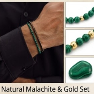Men's Stackable Green Malachite & Gold Textured Bead Bracelet Set